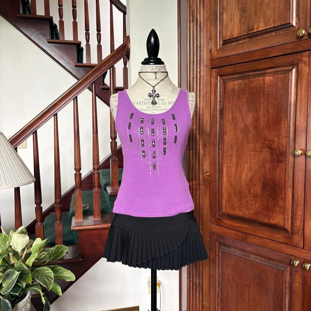 Alfani Purple Ribbed Tank Top with Grunge Silver Studs and Rings Hardware